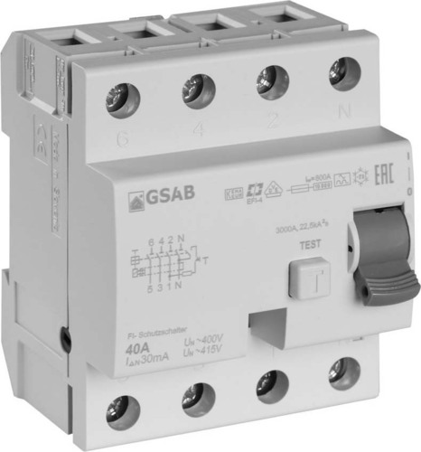 GSAB Elektrotechnik FI-Schutzschalter 40A, 4-pol. 30mA FI4-40-30