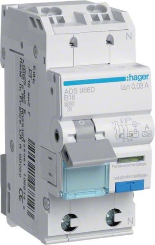 Hager FI/LS-Schalter 1P+N 6kA C-16A 30mA ADS966D