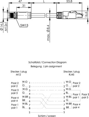 Telegärtner STX M12x1-RJ45 VL X-kod. Cat.6A(IEC) 100017247