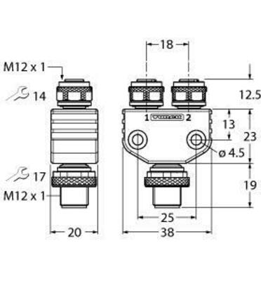 Turck Y-Verterteiler o. Leitung Stecker-2xKupplung VB2-FSM4.4-2FKM4.4