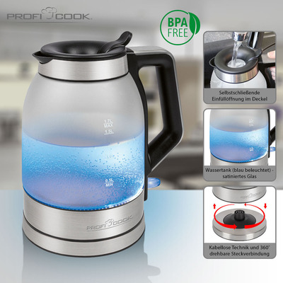 PROFI COOK Wasserkocher frosted Glas PC-WKS 1215 G inox